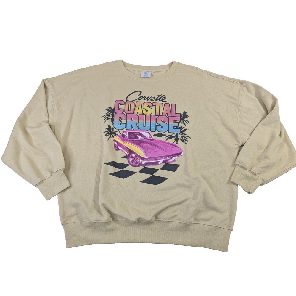 GM Corvette Coastal Cruise Sweatshirt Womens L Tan Retro Beach Crew Neck